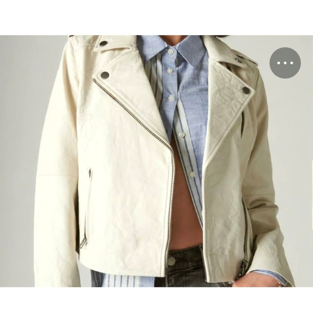 Lucky Brand Biker Moto Genuine Lamb Leather Jacket Creamy White Women Size S